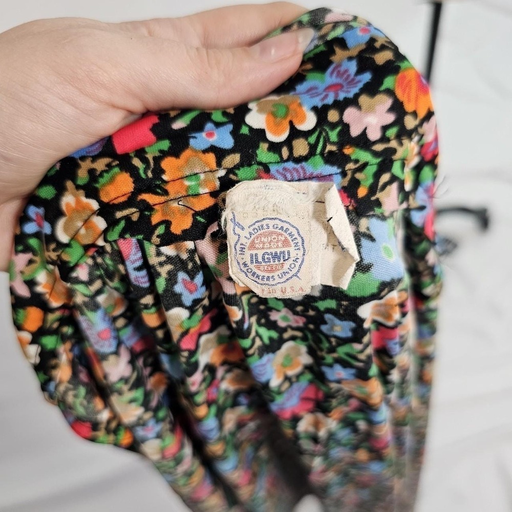 Vintage Rainbow Floral Wrap Dress w/ Tie Waist Fluttery Sleeve Black Gown V-neck - Picture 8 of 8